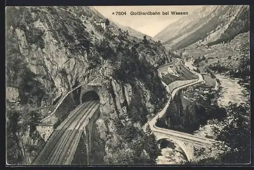 AK Wassen, Blick in die Landschaft mit Gotthardbahn