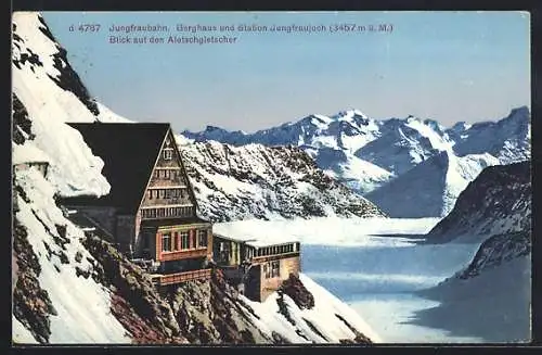 AK Berghaus Jungfraujoch, Hütte mit Aletschgletscher