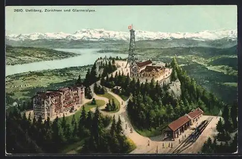 AK Uetliberg, Hotel Uetliberg, Bahnstation und Aussichtsturm, Blick auf Zürichsee und Glarneralpen