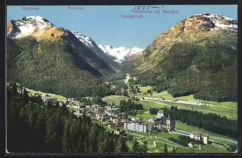 AK Pontresina, Ansicht mit Rosegtal, Schalchagn und Roseggruppe