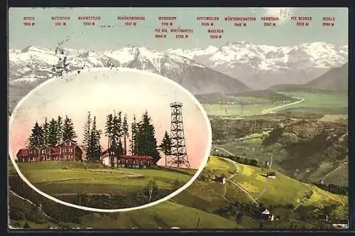 AK Bachtel, Gasthaus und Panorama vom Bachtelkulm mit Speer, Mattstock und Kühmettler