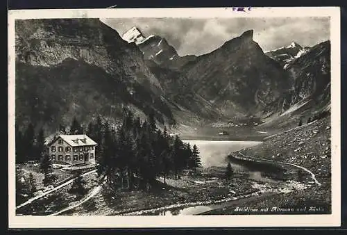 AK Seealpsee, Gasthaus und See mit Altmann und Säntis