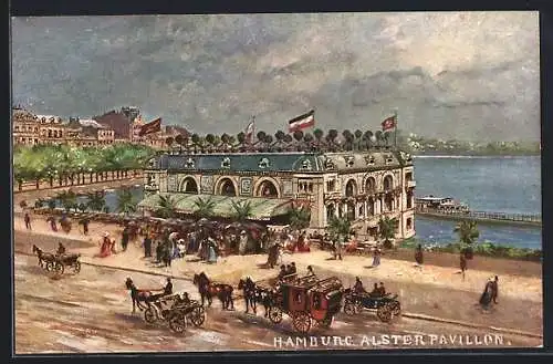 Künstler-AK Hamburg-Neustadt, Wartende Personen vor dem Alster Pavillon