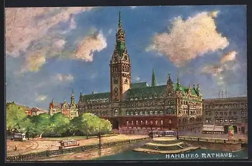 Künstler-AK Hamburg, Rathaus mit Strassenbahn