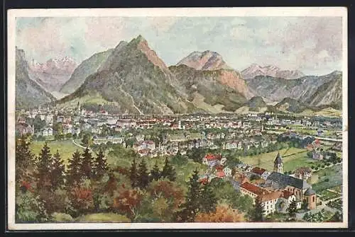 Künstler-AK Bad Reichenhall, Ortsansicht aus der Vogelschau mit Bergen