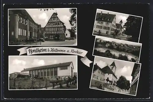 AK Nordheim b. Heilbronn, Festhalle, Fachwerkhaus und Freibad