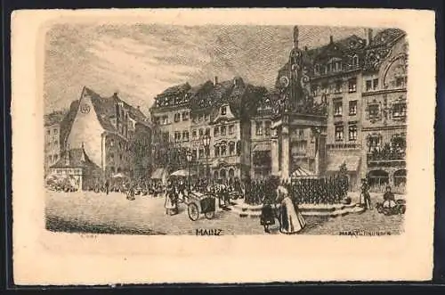 Künstler-AK Mainz, Markt und Brunnen