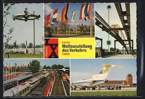 AK München, Erste Weltausstellung des Verkehrs 1965, Flugzeug und Züge