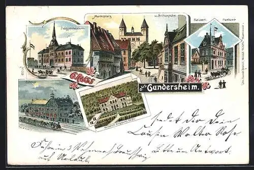 Lithographie Gandersheim, Bahnhof, Wilhelm Augusta Stift und Kaiserl. Postamt
