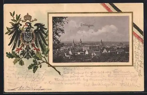 Passepartout-Lithographie Ettlingen, Gesamtansicht und geprägtes Stadtwappen