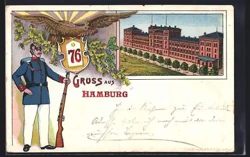 Lithographie Gamburg, Soldat und Kaserne