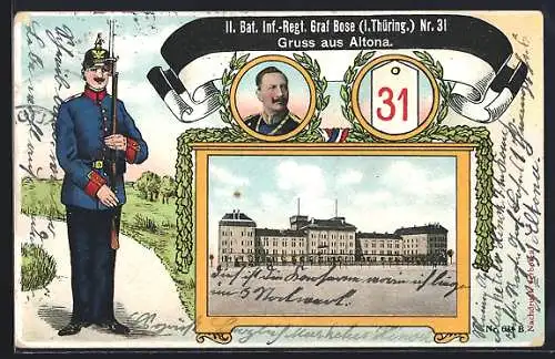 Lithographie Hamburg-Altona, II. Bat. Inf.-Regiment Graf Bose Nr. 31, Kaserne