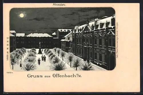 Winter-Lithographie Offenbach a. M., Aliceplatz bei Nacht