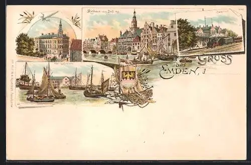 Lithographie Emden, Heringsfischerei, Bahnhof, Post