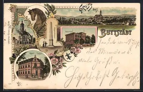 Lithographie Buttstädt, Sophienschule, Postamt, Kriegerdenkmal