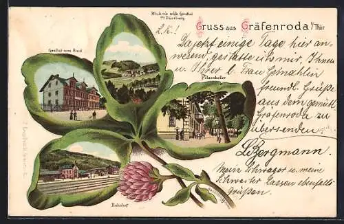 Passepartout-Lithographie Gräfenroda, Kleeblatt mit Blüte, Gasthof zum Ried, Bahnhof, Felsenkeller