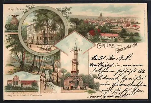 Lithographie Eberswalde, Kriegerdenkmal, Kloster Chorin und Gesundbrunnen