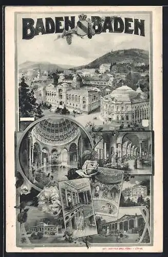 Lithographie Baden-Baden, Gesamtansicht, versch. Sehenswürdigkeiten