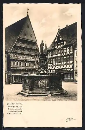 AK Hildesheim, Marktplatz mit Kochenhaus, Amtshaus, Rolandsbrunnen