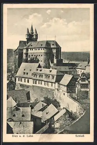 AK Diez an der Lahn, Teilansicht mit Schloss aus der Vogelschau