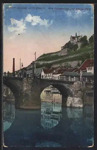 AK Bad Kreuznach, Alte Nahebrücke und Kauzenberg