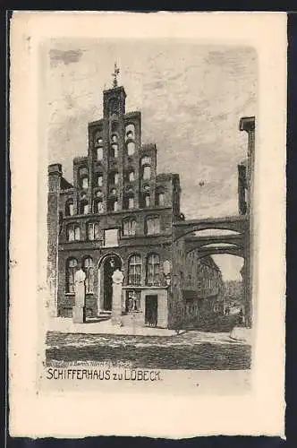 Künstler-AK Lübeck, Schifferhaus mit Strasse