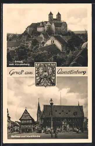 AK Quedlinburg, Rathaus und Marktkirche, Wappen, Schloss vom Münzenberg