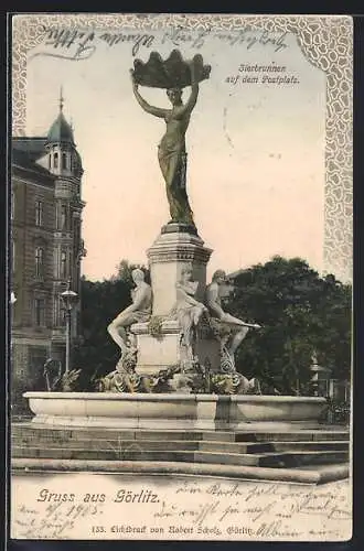 AK Görlitz, Blick auf den Zierbrunnen auf dem Postplatz