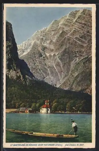 AK St. Bartholomä am Königssee, Ortsansicht gegen Watzmann, mit Kahn