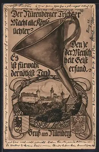 AK Nürnberg, Nürnberger Trichter, Blick zur Burg, Wappen