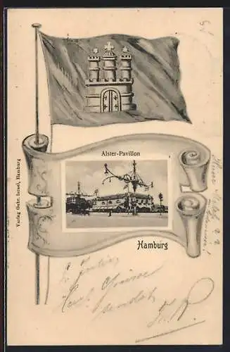 AK Hamburg-Neustadt, Alsterpavillon im Passepartout mit Fahne