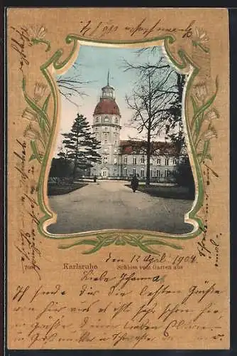 AK Karlsruhe, Schloss vom Garten aus, Blumen-Passepartout