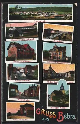 AK Bebra, Kaiserl. Postgebäude, Neues Schulhaus, Bahnhof