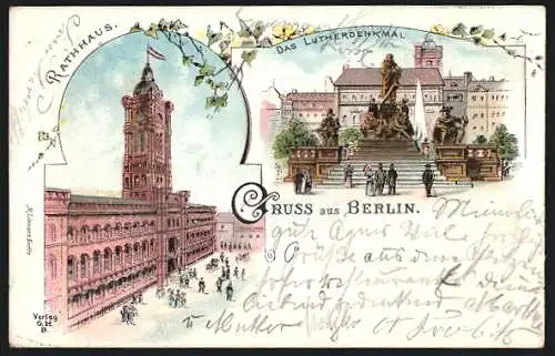 Lithographie Berlin, Rathaus, Lutherdenkmal, Neuer Markt