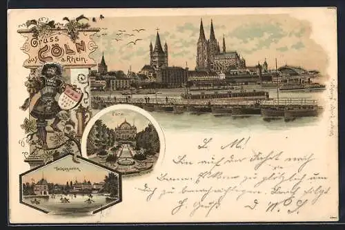 Lithographie Köln-Riehl, Blick zur Flora, Volksgarten, Panorama
