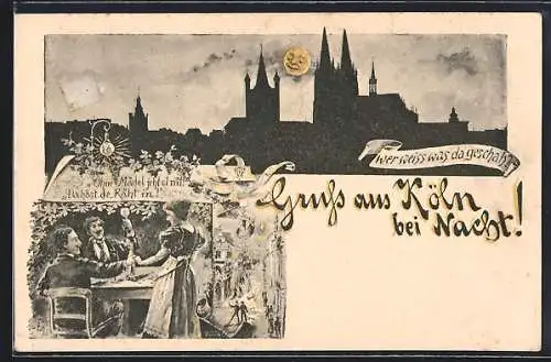 AK Köln, Hohe Strasse bei Nacht, Stadttyp in Gaststätte