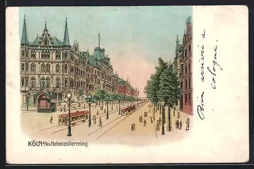 Lithographie Köln-Neustadt, Strassenbahnen am Hohenzollernring