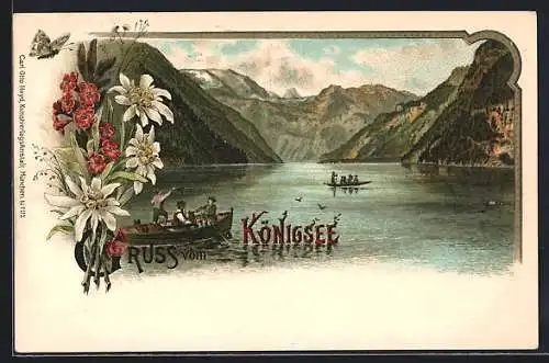 Lithographie Königsee / Berchtesgaden, Panorama, Ruderboote