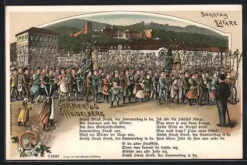 Lithographie Heidelberg / Neckar, Strassenumzug an einem Sonntag im Sommer