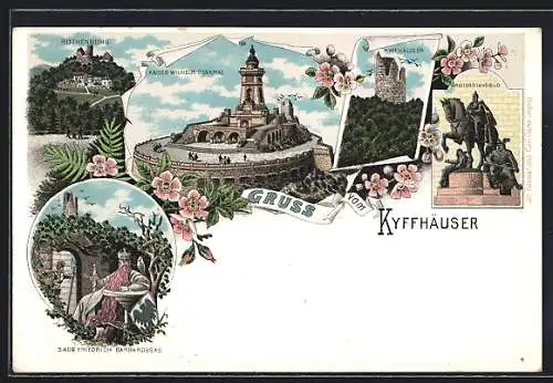 Lithographie Kyffhäuser, Kaiser-Friedrich-Denkmal, Reiterstandbild