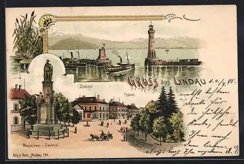 Lithographie Lindau / Bodensee, Bahnhot, Postamt und Maximilians-Denkmal