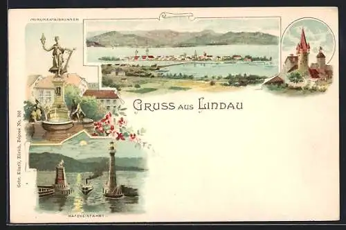 Lithographie Lindau / Bodensee, Monumentalbrunnen, Hafeneinfahrt