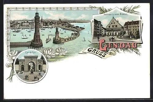 Lithographie Lindau / Bodensee, Gesamtansicht mit Rathaus und Landthor