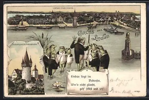 Lithographie Lindau / Bodensee, Panorama, Diebsthurm m. Peterskirche, musizierende Frösche