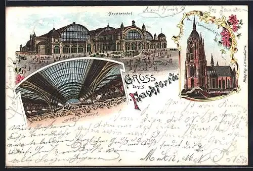 Lithographie Frankfurt, Hauptbahnhof, Inneres, Dom & Bartholomäus-Kirche