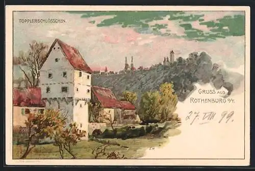 Lithographie Rothenburg / Tauber, Topplerschlösschen mit Ortsansicht