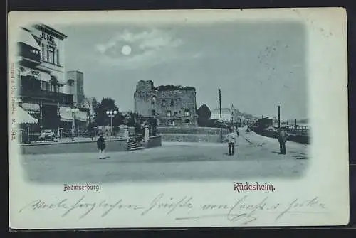 Mondschein-AK Rüdesheim / Rhein, Blick zur Brömserburg