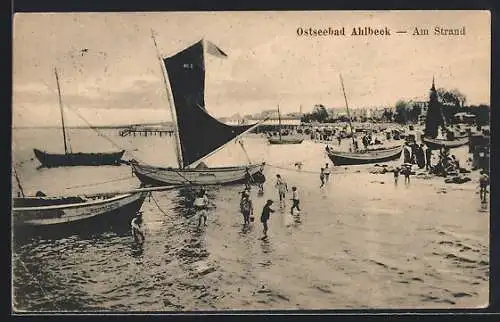 AK Ahlbeck / Seebad, am Strand mit Seebrücke und Segelbooten