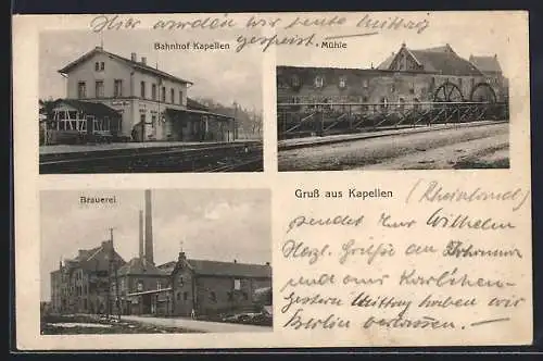 AK Kapellen / Erft, Brauerei, Bahnhof und Mühle