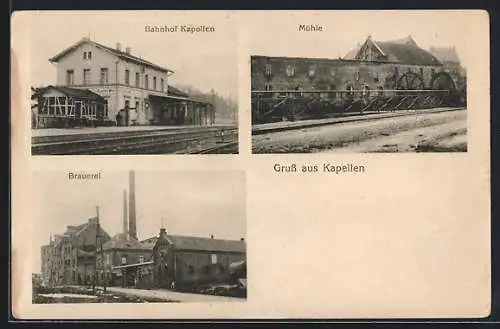 AK Kapellen / Erft, Brauerei, Bahnhof und Mühle